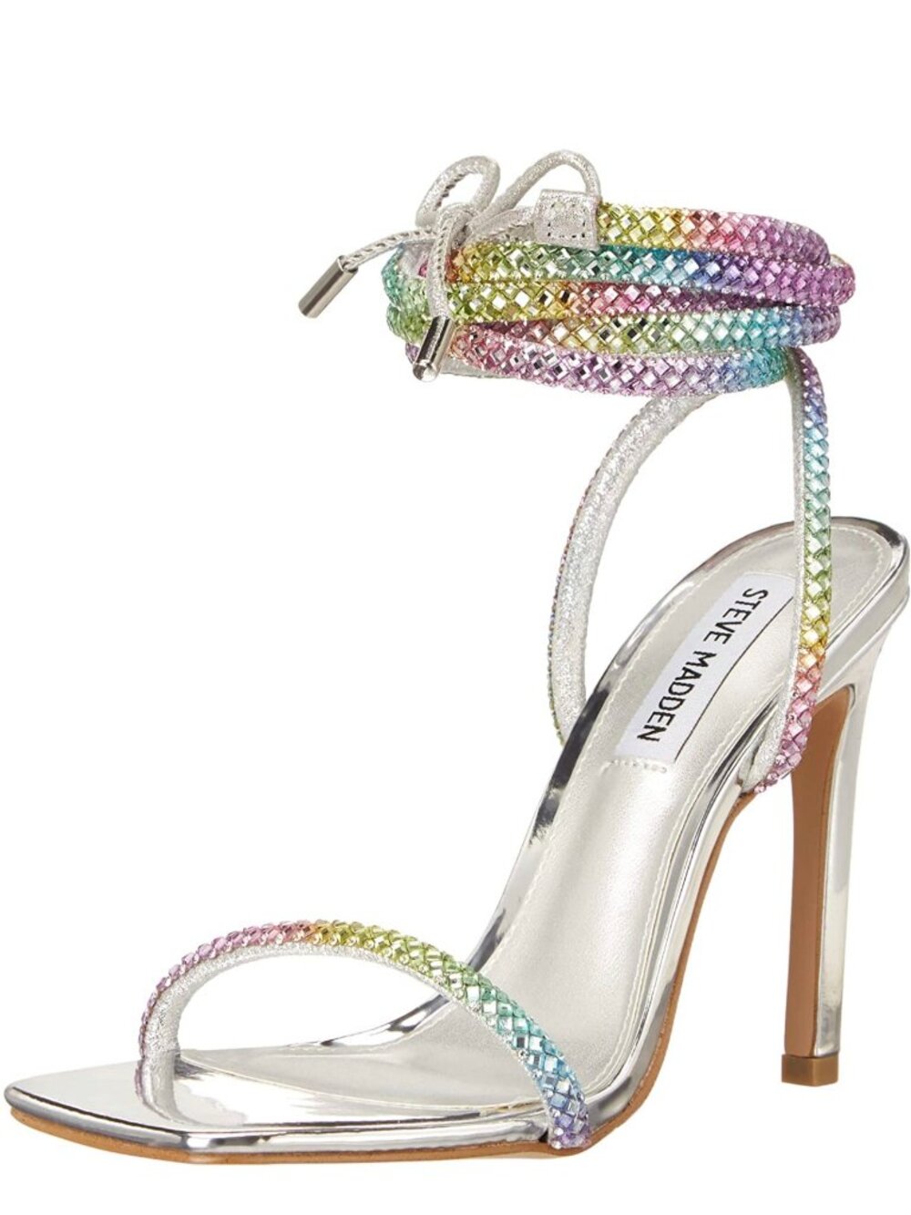 Steve Madden Uplift‑R Rainbow Rhinestone Wrap Heels – Silver – Size 10